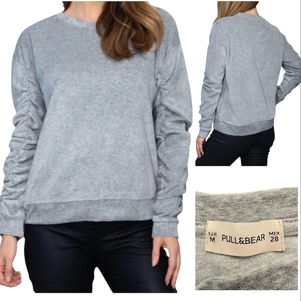 PULL & BEAR Women's Heather Gray Soft, Stretchy Velour Sweatshirt Size M